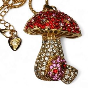 Mushroom Pendant BJ Necklace with Red Pink Rhinestone Crystals
